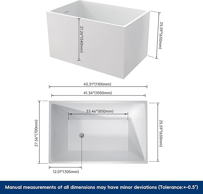 43" Acrylic Freestanding Bathtubs, Stand Alone Tub, Japanese Soaking Tub - Image 3