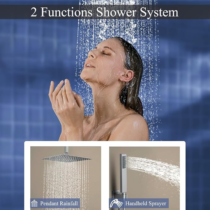 16 Inch Brushed Nickel Ceiling Mount Shower System Bathroom Luxury Rain Mixer - Image 3