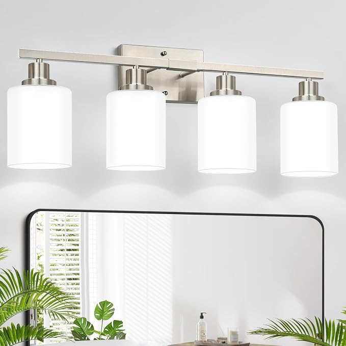 4-Light Vanity Light with Milky White Shades, Brushed Nickel Bathroom Lighting by Bathroomlightfixtures