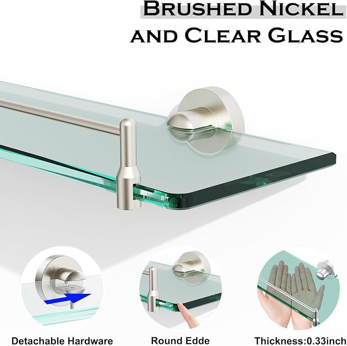 24 Inch Glass Bathroom Shelves, Brushed Nickel Floating Shelves - Image 5