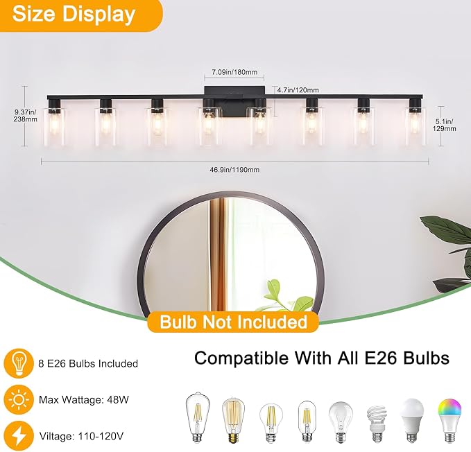 8-Light Black Vanity Light Fixtures, Vanity Lights Clear Glass ShadeRust and - Image 2
