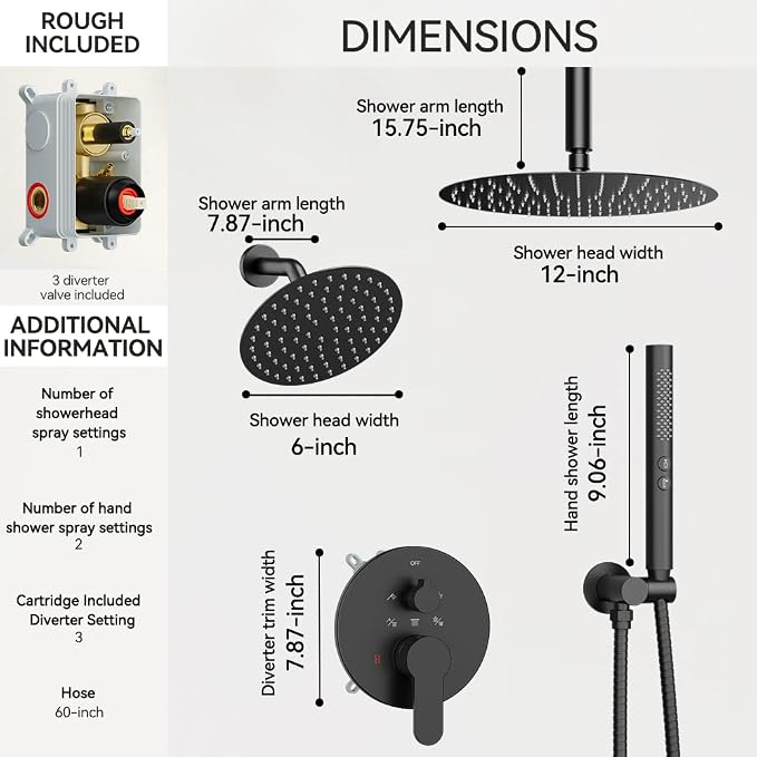 Shower Systems Shower Faucet Sets STARBATH 3 Way 12+6" Round Dual Rainfall - Image 3