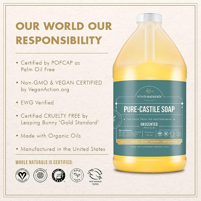 WHOLENATURALS Pure Castile Soap Liquid Unscented, EWG Verified & Certified Palm - Image 5