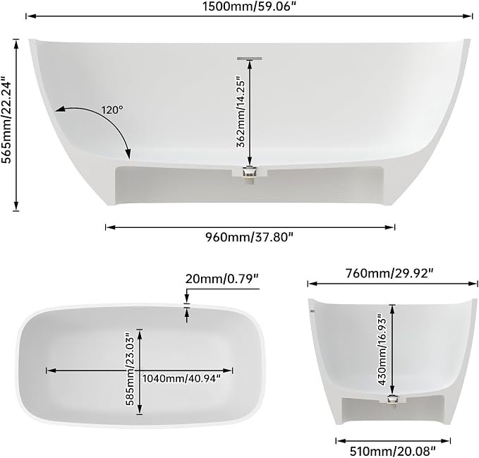 59" Premium Matte White Solid Surface Freestanding Bathtub, Upgraded Modern - Image 3
