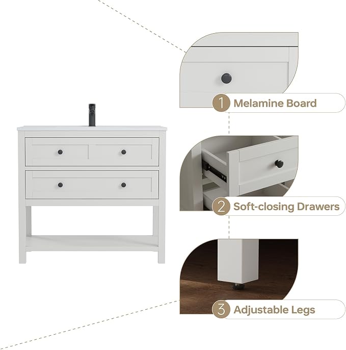 36 Inch Bathroom Vanity with Sink, Modern Bathroom Single Sink Vanity, Storage - Image 3