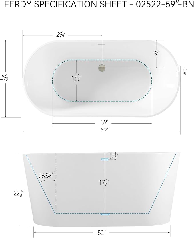 FerdY Shangri-La 59" Acrylic Freestanding Bathtub, Gracefully Shaped Soaking - Image 4