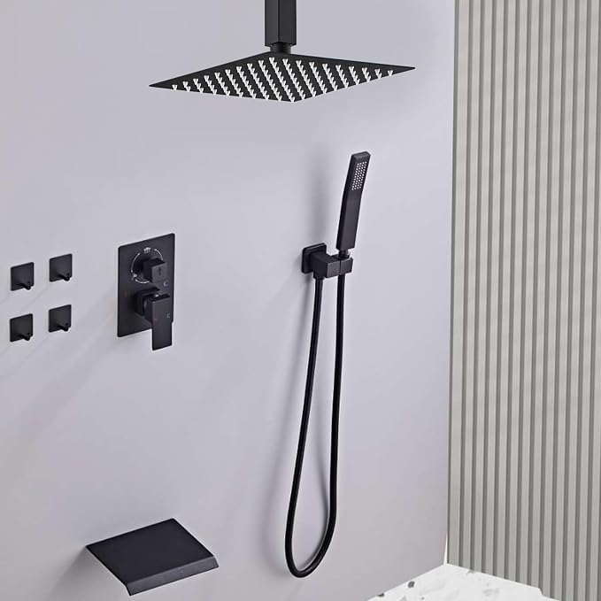 12 Inch Ceiling Mount Shower System Matte Black Rain Mixer Shower Combo Set - Image 7