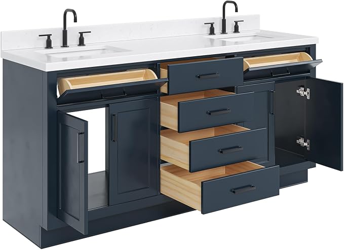 ARIEL Hepburn 72" Midnight Blue Double Vanity, 1.5" Edge Carrara Quartz - Image 5