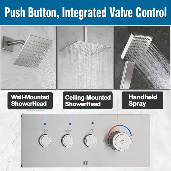 POP SANITARYWARE Shower Faucet Set Brushed Nickel Bathroom Rainfall Shower - Image 5