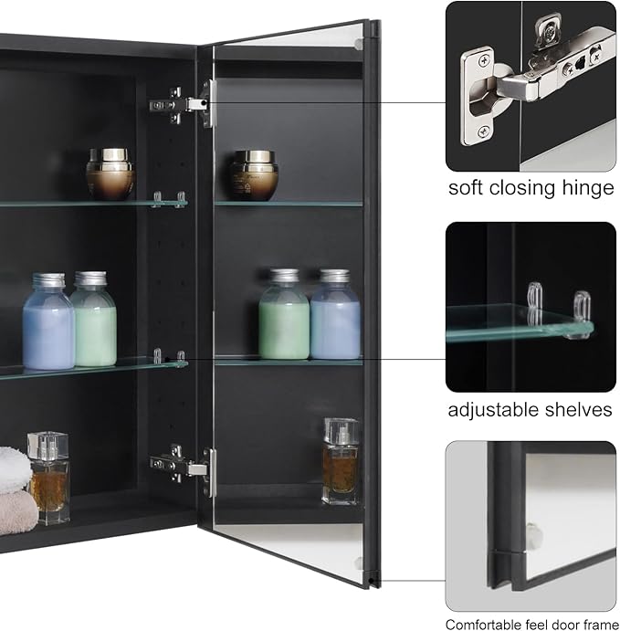 Fundin Black Aluminum Medicine Cabinet 24 x 24 Inch Recessed or Surface Mount - Image 4