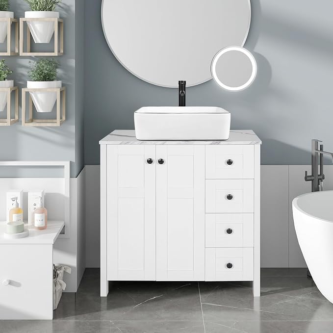 32" White Bathroom Vanity with Marble Texture Top and 4 Drawers, Modern - Image 2