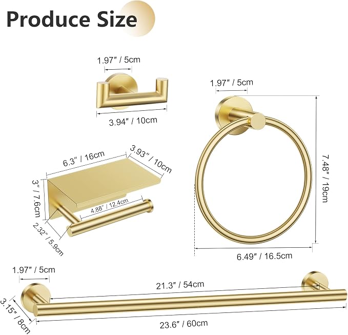 TNOMS 5-Piece Towel Bar Set Brushed Gold Bathroom Hardware Accessories Set - Image 6