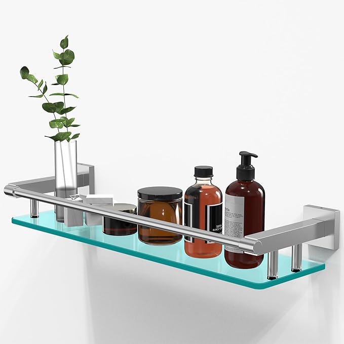 20 Inches Glass Shelf for Bathroom, Brushed Nickel Glass Shelves for Wall by SFGSOWOR