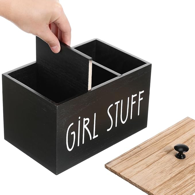 Wooden Tampon Storage Box for Bathroom, 3 Compartment Sanitary Napkin Organizer - Image 6