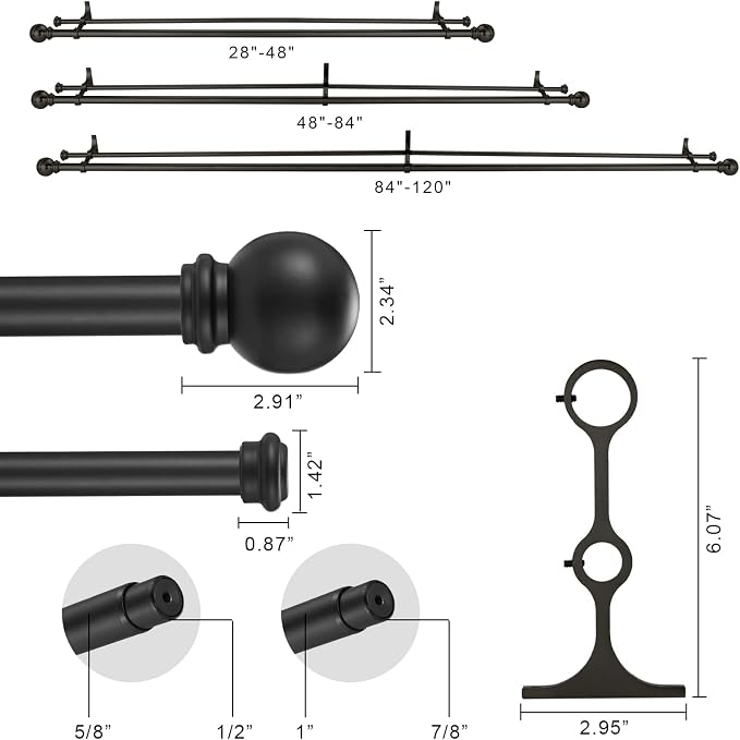 Double Curtain Rod 84 to 120 inch, Adjustable 1 inch Double Drapery Rod Rods - Image 4