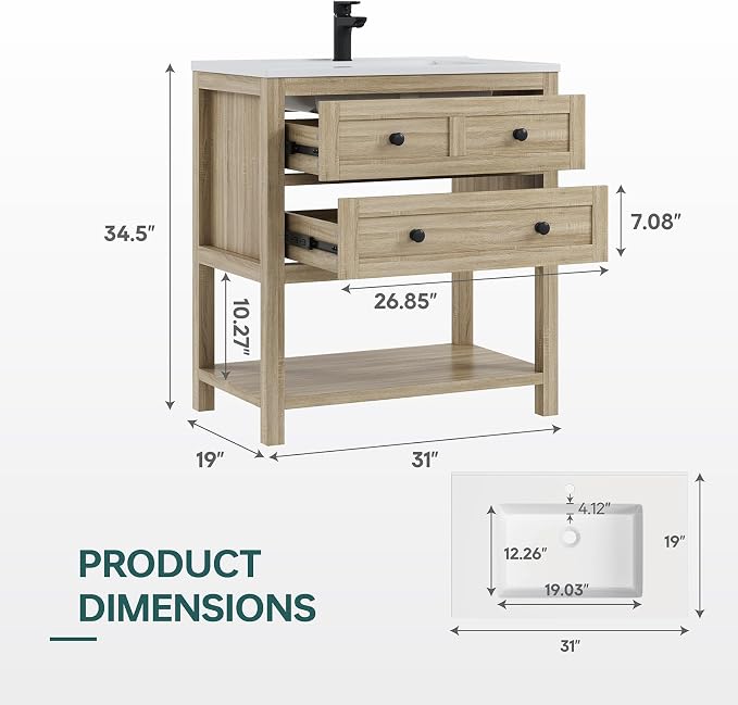 30 Inch Bathroom Vanity with Sink, Farmhouse Storage Cabinet with Drawers & - Image 2