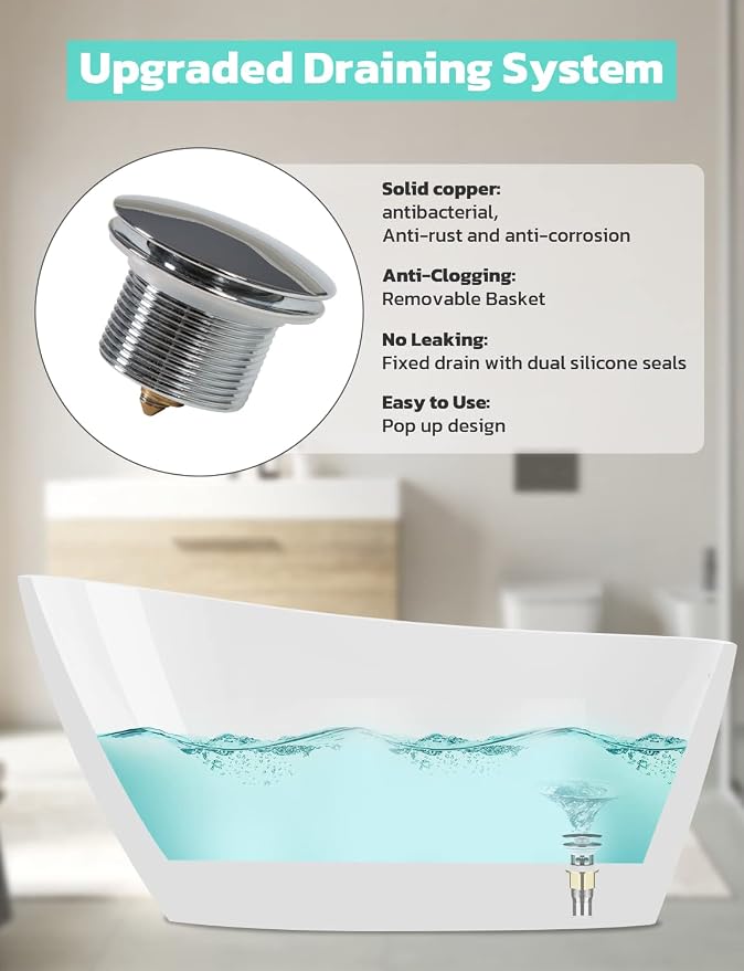 55 Inch Acrylic Freestanding Bathtub, Glossy White Contemporary Soaking Tub - Image 6