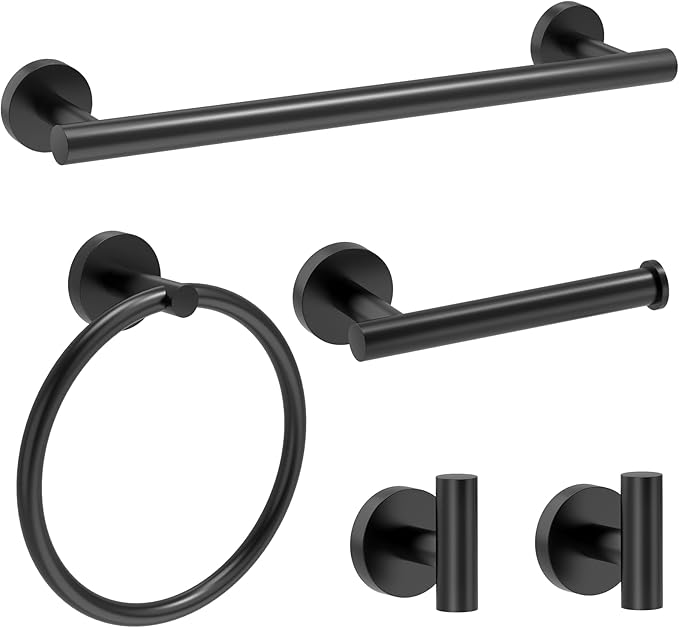 Matte Black Bathroom Accessories, Towel Bar Set 5 Pieces, SUS304 Stainless by DIYMyHome