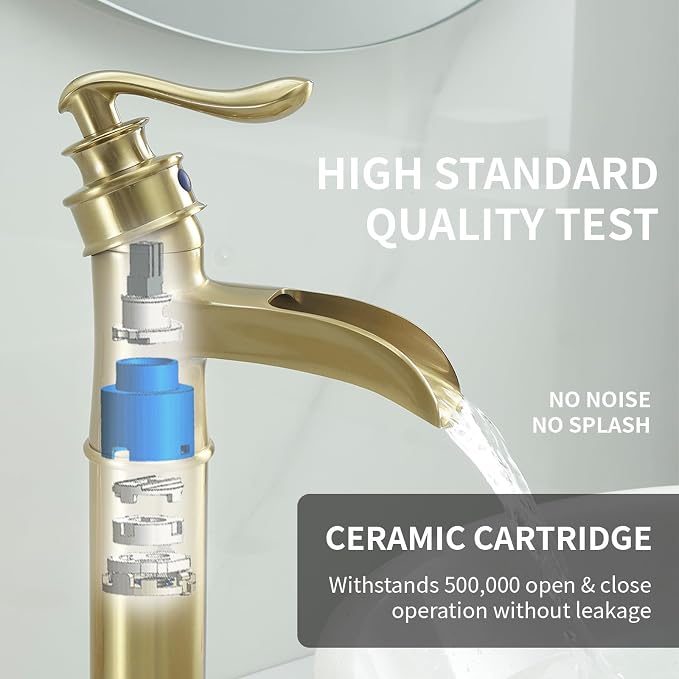 BWE Waterfall Vessel Sink Faucet Brushed Gold Single Handle Tall Single Hole - Image 4