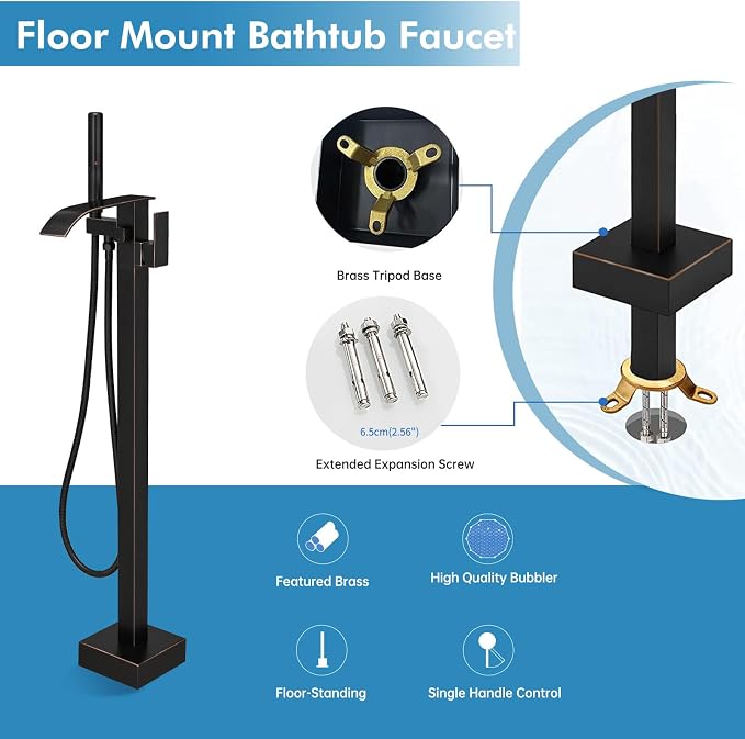 RUMOSE Tub Filler Freestanding Bathtub Faucet Oil Rubbed Bronze Floor Mount Tub - Image 8