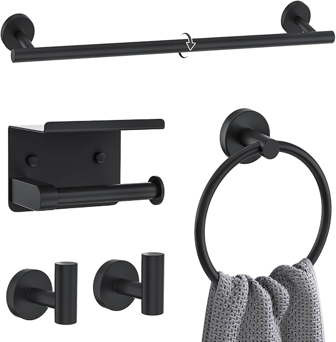 Matte Black Towel Bar Set 5 Pieces Bathroom Hardware Accessories Set Round by Woekme