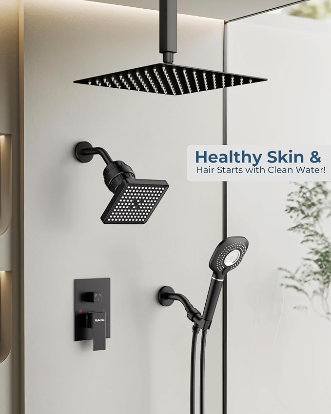 Shower Faucet Set, Ceiling Mount Shower System 12-inch & 6-inch Filtered Black - Image 2