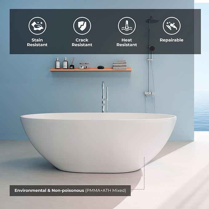 71" Premium Solid Surface Freestanding Bathtubs, Oval Stone Resin Tub - Image 4