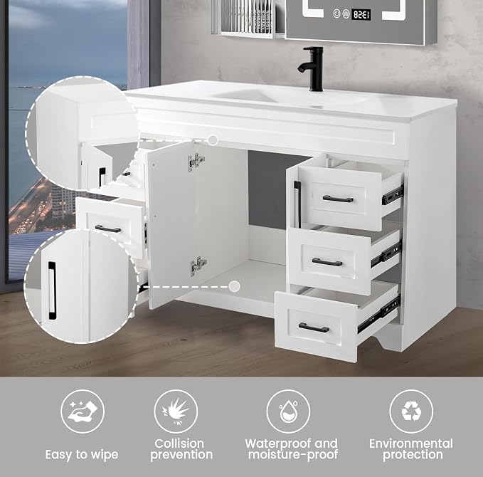 48" Bathroom Vanity with Sink, Undermount Resin Sink, Modern Bathroom Cabinet - Image 5