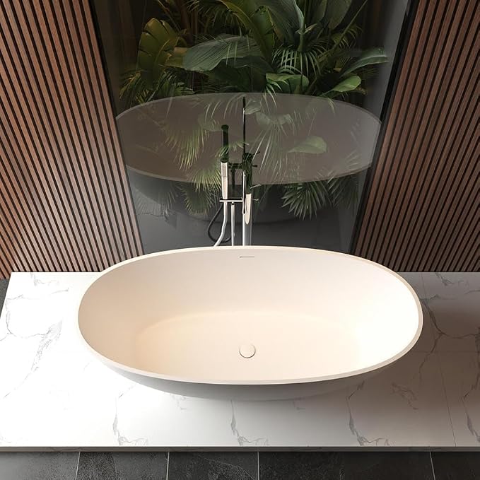 GarveeLife Freestanding Solid Surface Bathtub 65 Inch – Matte White Stone Stand - Image 2