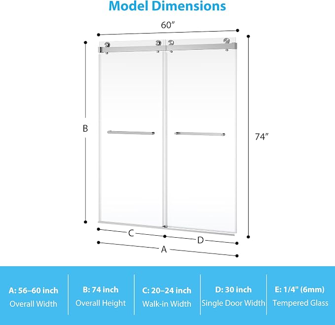 56-60 Inch Adjustable Sliding Shower Door, 74 Inches Tall, Stainless Steel Frame - Image 2
