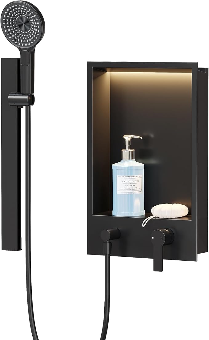 Shower Niche with Round Hand Shower, Sliding Bar and LED Light in Matte by Qeke