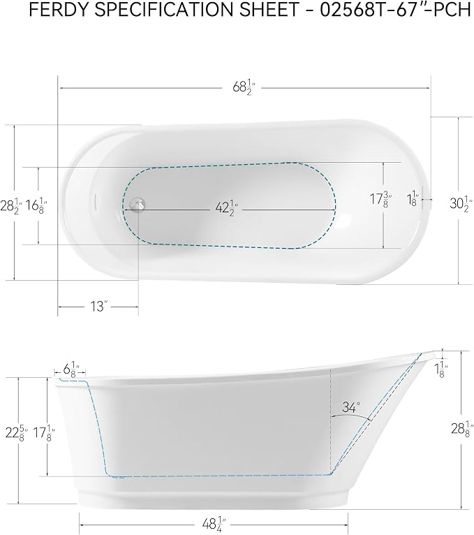 FerdY Langkawi 67" Acrylic Freestanding Bathtub, cUPC Certified, Chrome Drain - Image 5