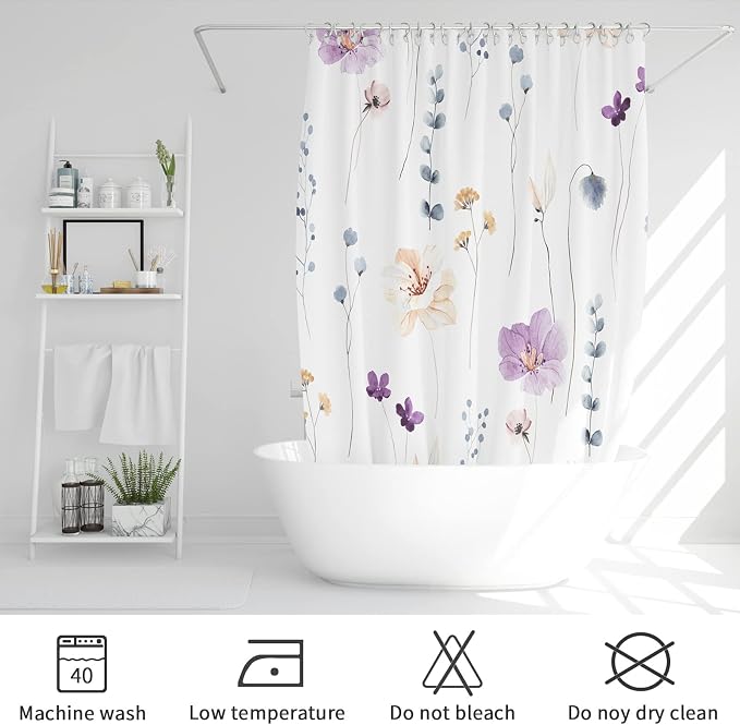 Gibelle Watercolor Floral Shower Curtain, Modern Minimalist White Waterproof - Image 6