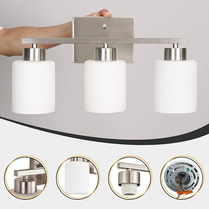 Brushed Nickel Bathroom Light Fixtures, 3-Light Modern Vanity Light Over Mirror - Image 7