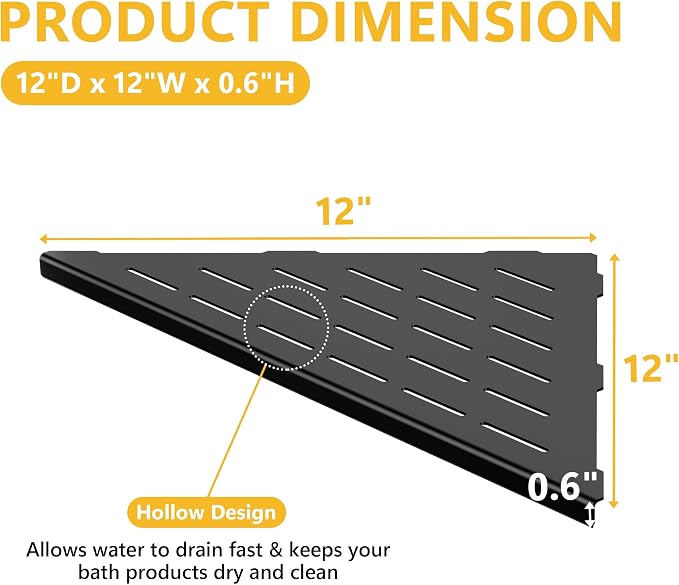 Neodrain 12 Inch Matte Black Corner Shelf Set of 2, Shower Shelves - Image 3