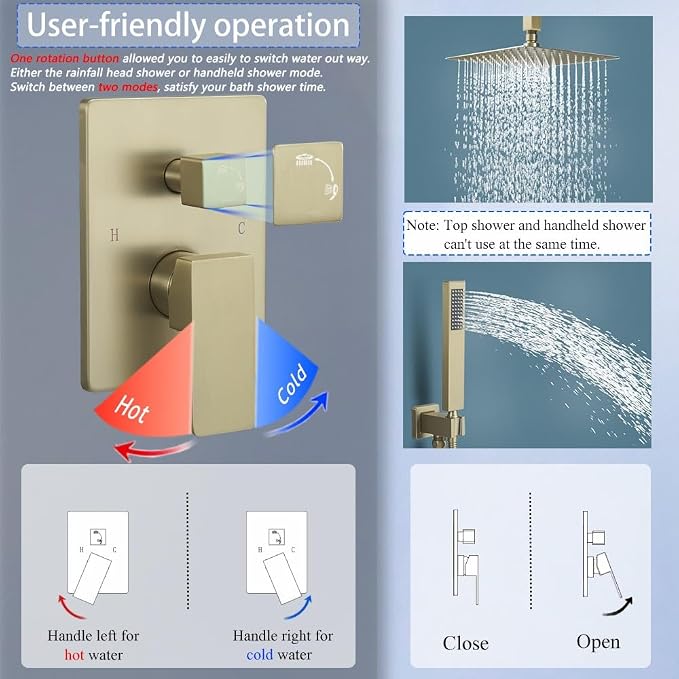 12 Inch Brushed Gold Ceiling Mount Shower System Bathroom Luxury Rain Mixer - Image 6