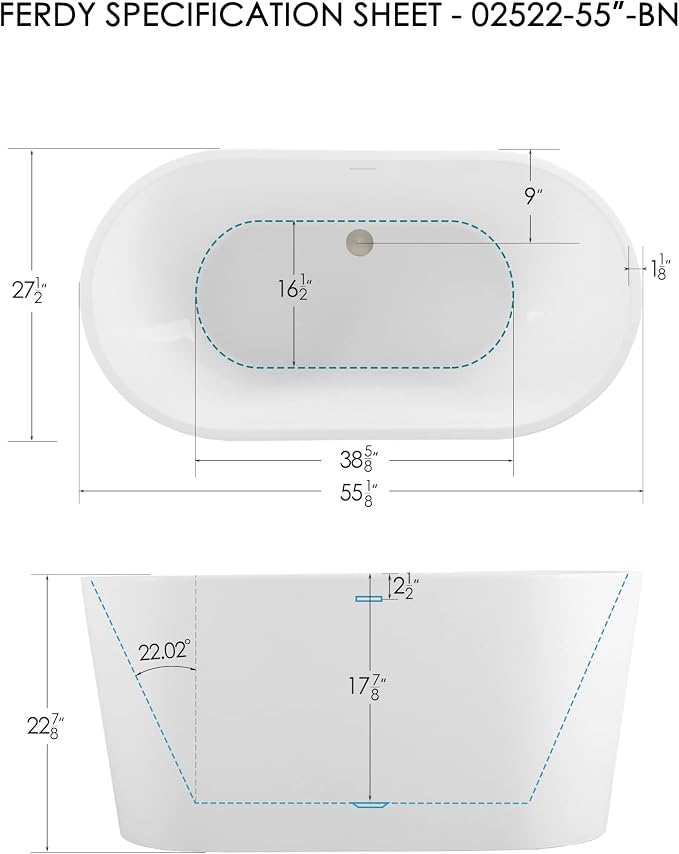 FerdY Luzon 55" Acrylic Freestanding Bathtub, Ergonomic Lightweight Classic - Image 3
