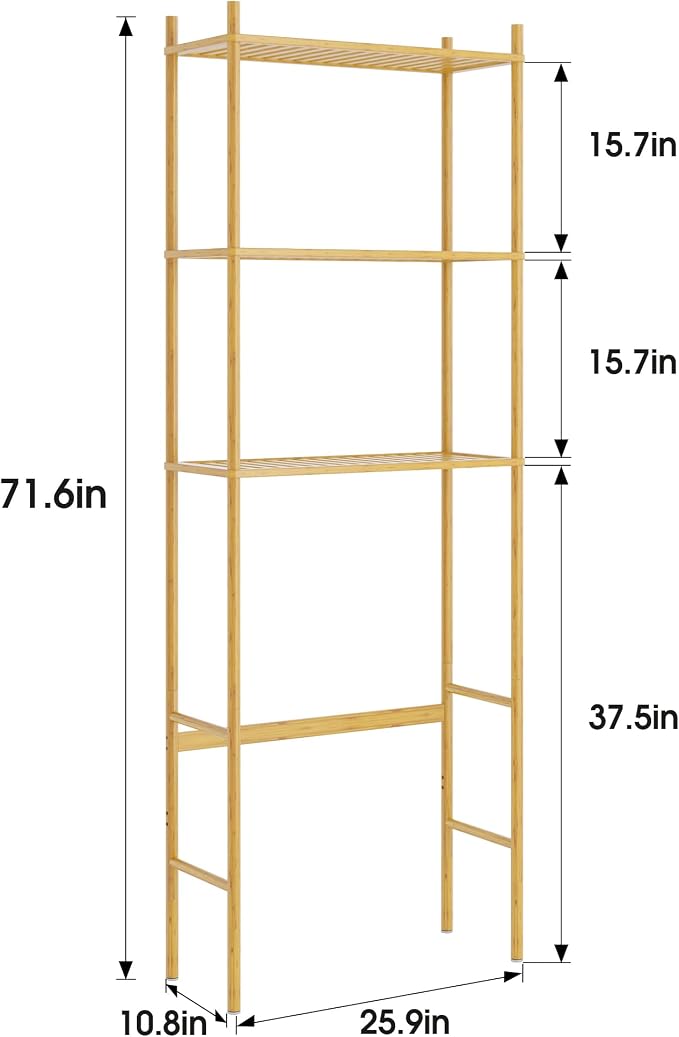 3 Tier Over The Toilet Organizer Rack Bamboo, Freestanding Bathroom Toilet - Image 2