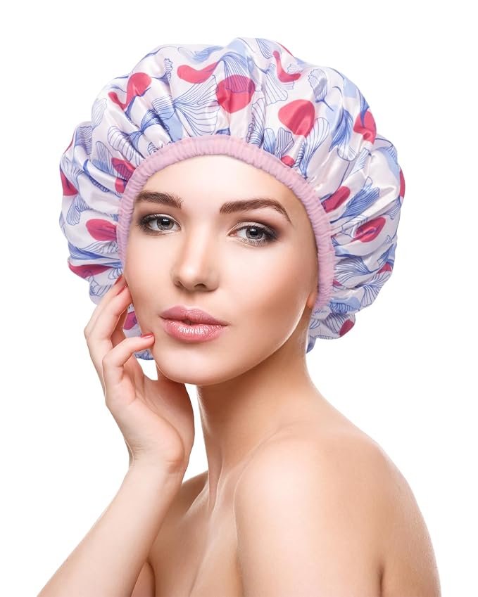 Auban Shower Cap, Shower Cap for Women Terry Cloth Lined EVA Exterior Reusable - Image 4
