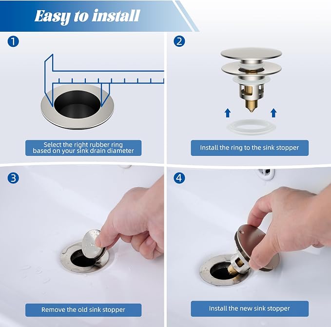 Hibbent 2 Pack All Metal Upgraded Bathroom Sink Stopper, Universal Pop Up Sink - Image 7
