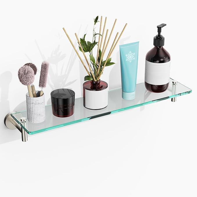 Glass Shelves for Bathroom, 20-Inch Brushed Nickel Floating Bathroom Shelf by HOMELIFE