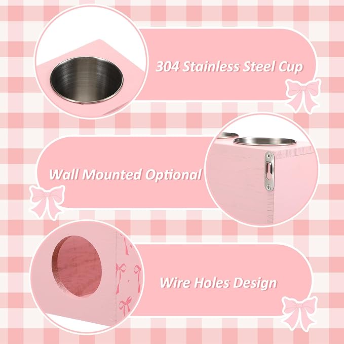 Pink Bow Hair Dryer Holder Wall Mounted Wooden Hair Dryer Holder Countertop - Image 3