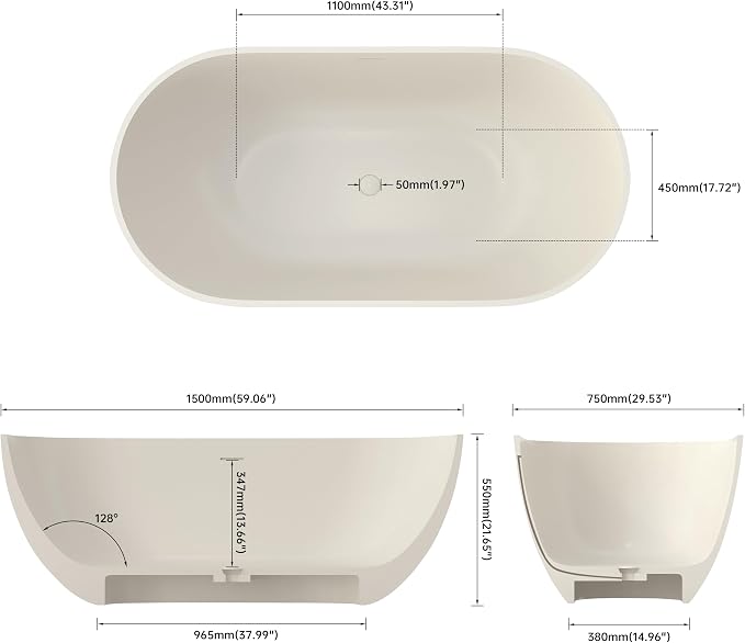 Premium 59" Warm Grey Solid Surface Free Standing Bathtub, Upgraded Oval Resin - Image 6