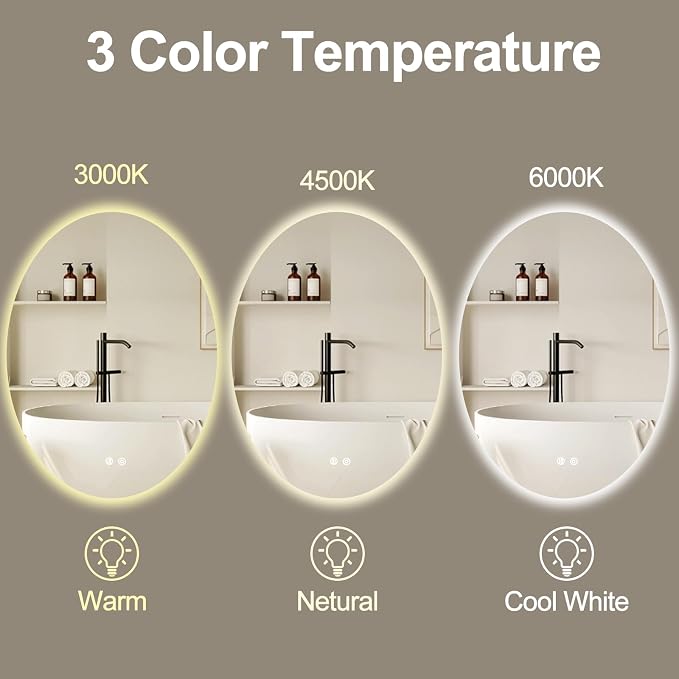32 X 24 Inch Oval Backlit LED Bathroom Mirror Anti-Fog 3 Colors Light Dimmable - Image 2