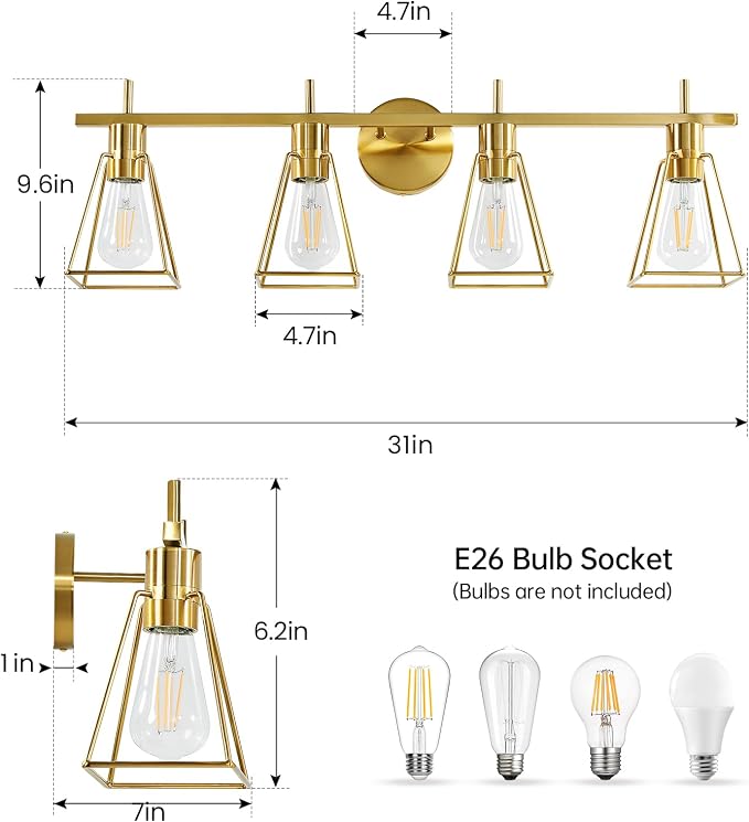 Industrial Bathroom Vanity Lights: 4-Lights Gold Brushed Brass Vintage Metal - Image 2