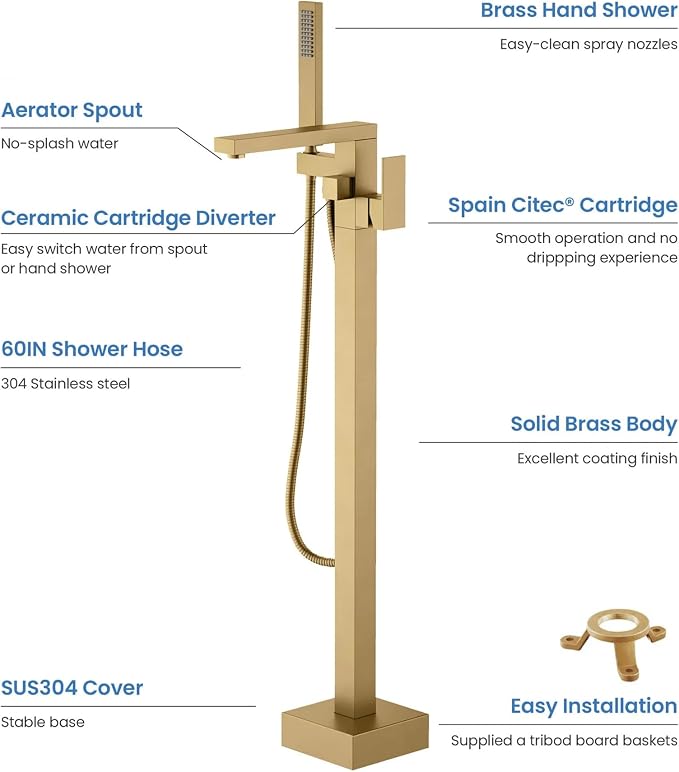 KIBI Cube Brushed Brass Freestanding Bathtub Faucet Floor‑Mounted Brass Tub - Image 3