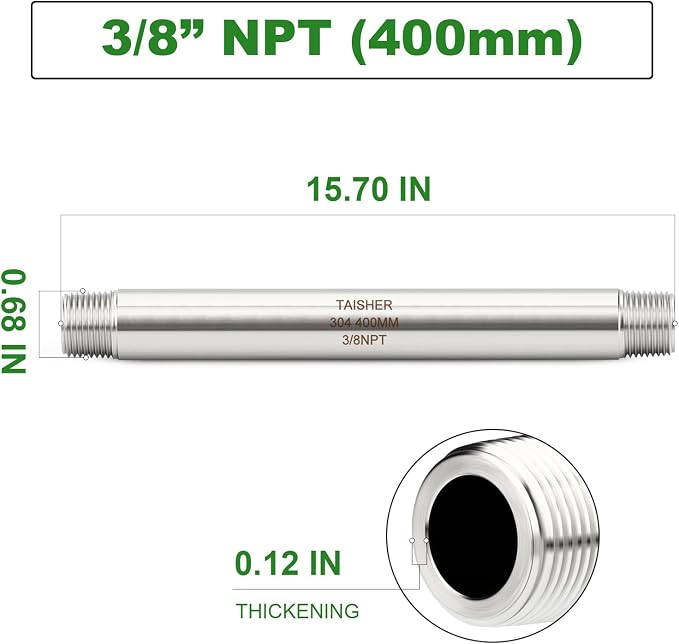 TAISHER 2PCS Stainless Steel Pipe Fittings, 3/8" NPT Male x 3/8" NPT Male - Image 2
