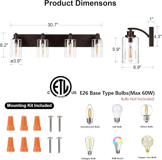 4-Light Bathroom Light Fixtures Modern ORB Vanity Lights - Image 2