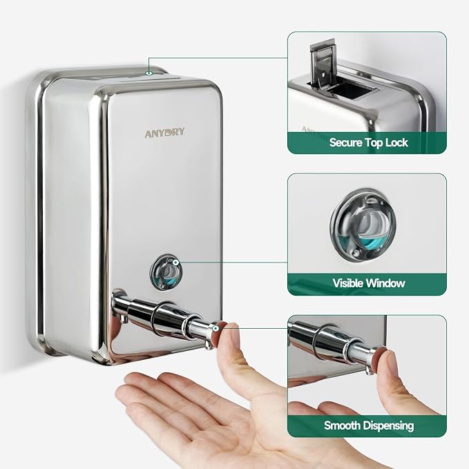 Commercial Manual Soap Dispenser, Durable Polished Stainless Steel Finish - Image 4