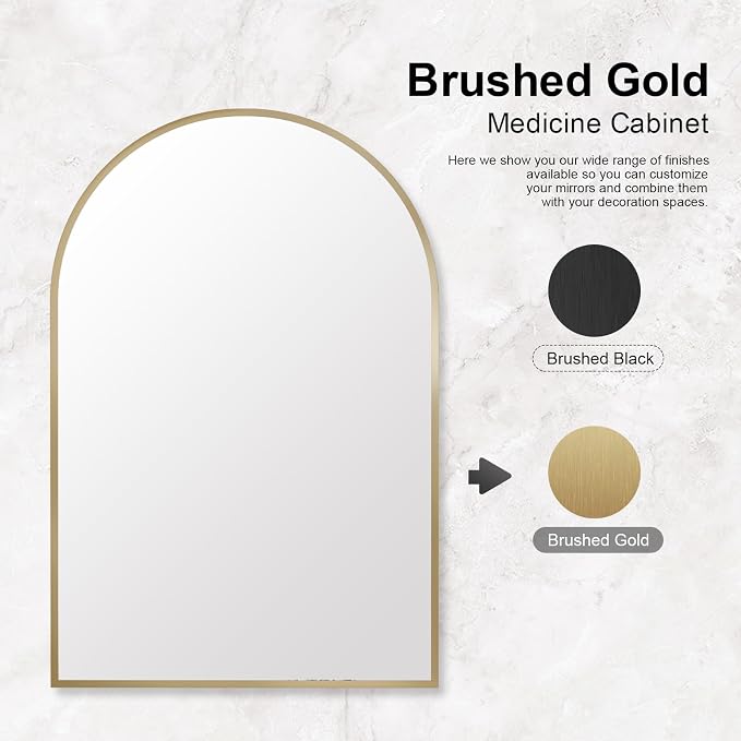 Recessed Medicine Cabinet Mirror, Brushed Gold Arched Medicine Cabinet - Image 5